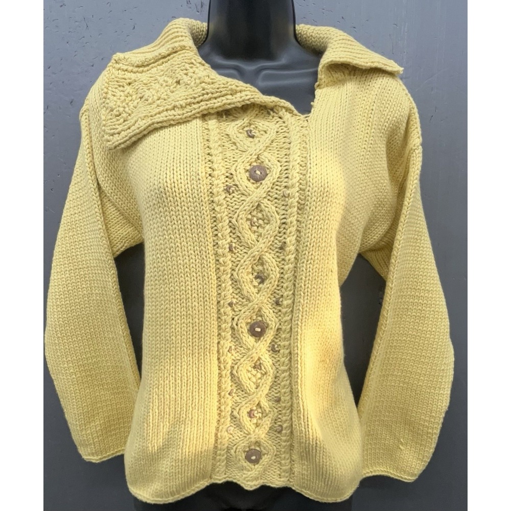Pure Hand Knit Sweater‎ M/L Yellow Asymmetrical Collar Accented Lagenlook Boho